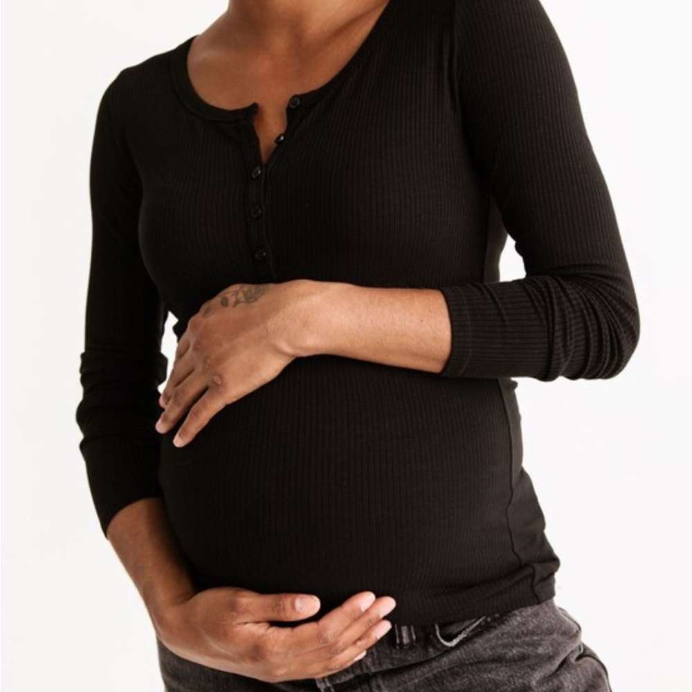 Women's Black Ribbed Long Sleeve Henley Tee
